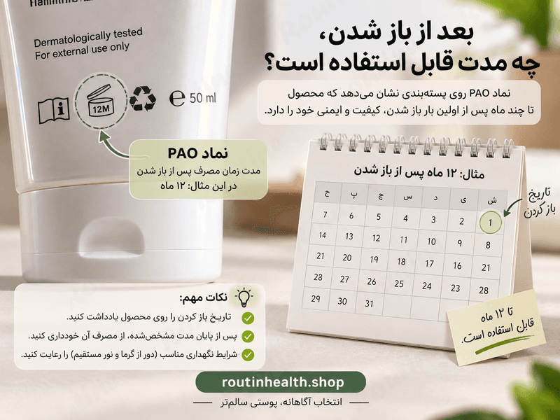 نماد PAO واقعی روی بستهبندی یک محصول + کنارش تقویم ساده نشاندهنده شمارش ماه از تاریخ باز شدن